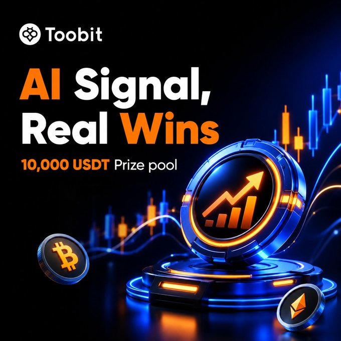 A promotional graphic for Toobit cryptocurrency exchange features the text 'AI Signal, Real Wins' and '10,000 USDT Prize pool' with Bitcoin and Ethereum coins around a futuristic blue and orange display showing an upward trend graph.