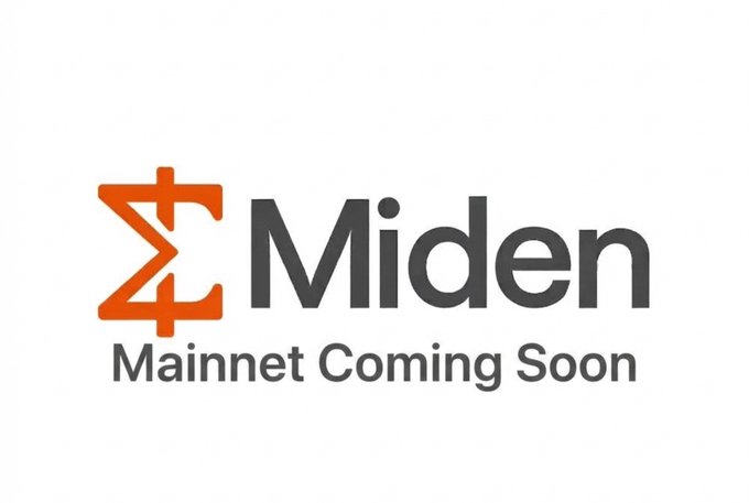 A logo for 'Miden' featuring an orange symbol with 'M' and 'C' elements, accompanied by the text 'Mainnet Coming Soon'.