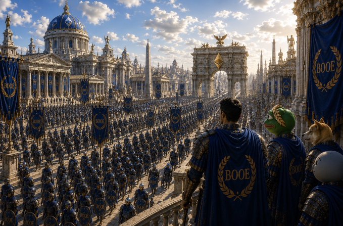 A grand fantasy scene shows soldiers in blue cloaks emblazoned with 'BOOE' and laurel wreaths gathering in a Roman-style plaza, with a leader overlooking the massive assembly.