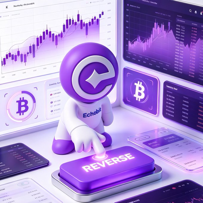 A 3D render of a purple Echobit mascot pressing a glowing 'REVERSE' button, surrounded by financial charts, cryptocurrency data, and Bitcoin symbols.