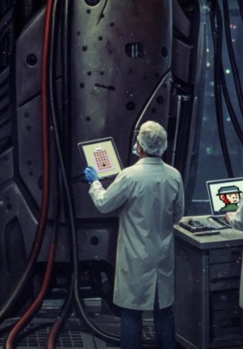 A person in a white coat and gloves works on a tablet displaying a red grid interface in front of a massive mechanical structure with cables.