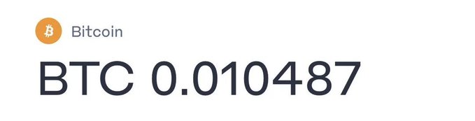 The image shows a Bitcoin balance display of "BTC 0.010487" beneath the Bitcoin logo and label. This illustrates the user sharing the amount of Bitcoin they hold, supporting their post identifying as a #BTC holder.