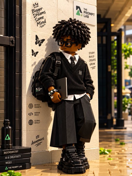 3D-rendered figurine of a character with glasses and dark curly hair wearing a school uniform, holding a tablet and wearing a backpack, posed against a wall with graffiti including 'THE PROMPT LAB' and 'STUDY BUILD CREATE GROW'.