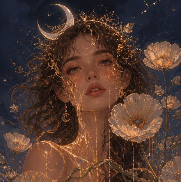 A detailed digital illustration of a woman adorned with glowing golden vines and a crescent moon headpiece, surrounded by illuminated white flowers against a starry, dark blue night sky.
