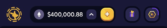 A digital gambling interface displays a crypto wallet balance of $400,000.88 next to a yellow "+" button, with icons for a horse/racing logo, a gift box, and a gift bag, aligning with the post's mention of placing a parlay bet on Roobet.