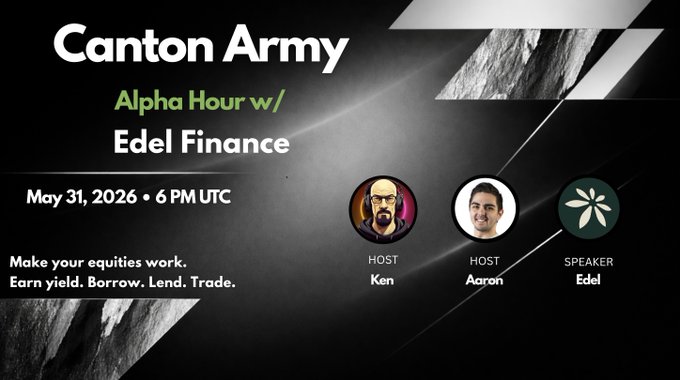 The image features a poster for an event called "Canton Army Alpha Hour" with three men featured, one of whom has a beard. The poster also includes information about Edel Finance and their services related to equities.