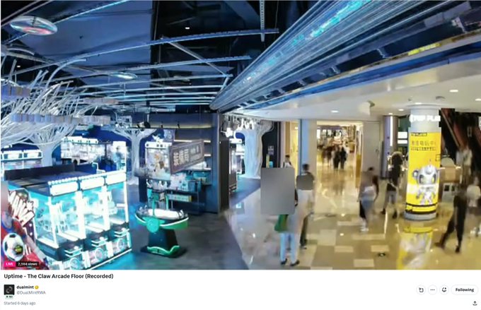 Screenshot of a Twitter/X video titled 'Uptime - The Claw Arcade Floor (Recorded)' by @uwuUrLocalPWA, showing an arcade area with glowing machines and people walking in a mall.
