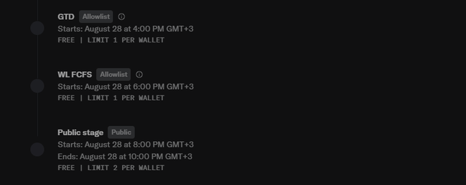 The image displays a mint schedule for the Goat Street NFT by Cashmere Labs, showing three phases: GTD Allowlist (4:00 PM GMT+3), WLFCFS Allowlist (6:00 PM GMT+3), and Public stage (8:00-10:00 PM GMT+3) on August 28, all with wallet limits of 1-2 and free minting.