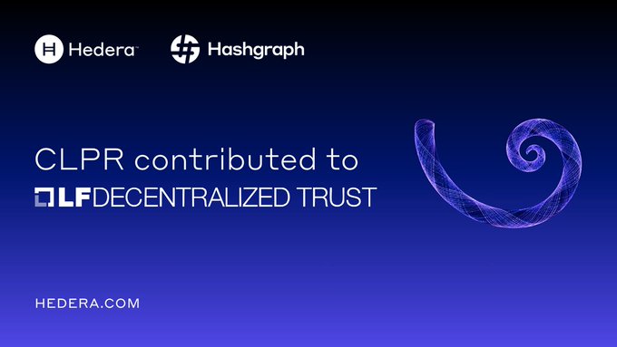 A promotional graphic with a dark blue gradient background displays the Hedera and Hashgraph logos in the upper left, alongside bold text reading "CLPR contributed to LF DECENTRALIZED TRUST" and a stylized purple spiral design on the right. The image supports the announcement that Hedera is open-sourcing the CLPR codebase to the LF Decentralized Trust foundation, with the Hedera.com URL shown at the bottom.