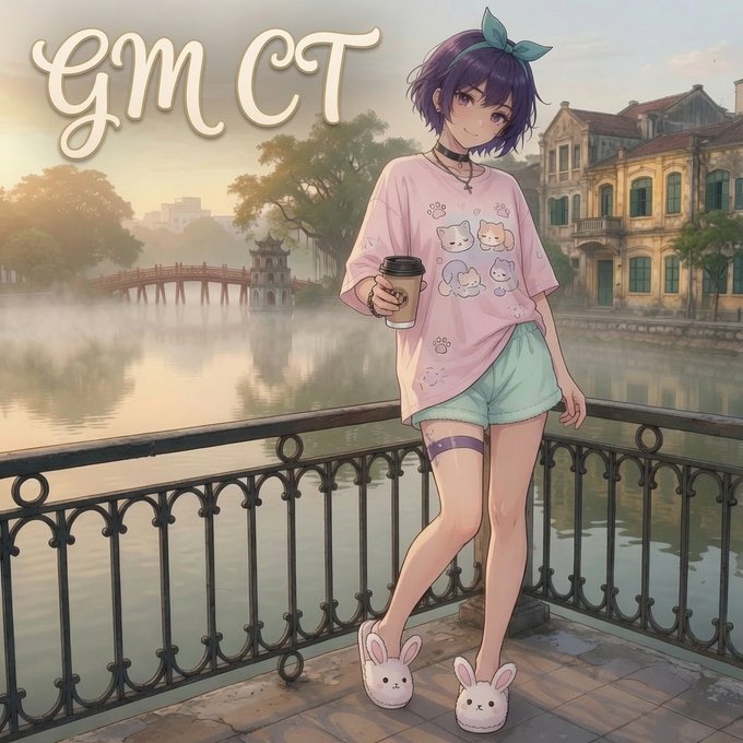 An anime-style illustration of a purple-haired girl in a pink cat-print t-shirt and bunny slippers holding a coffee cup, with 'GM CT' text overlay, standing on a riverside promenade.