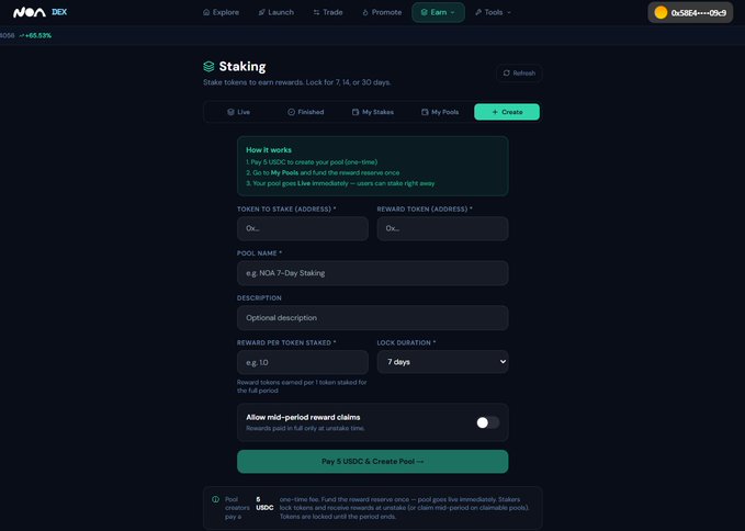 NovaDEX cryptocurrency staking interface showing a form for creating a NOA token staking pool with fields for token address, pool name, reward per token, and 7-day lock duration, with the button 'Pay 5 USDC & Create Pool'.