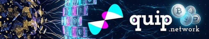 Promotional banner for quip.network featuring a stylized 'q' logo with cryptocurrency imagery including Bitcoin and Ethereum coins against a city lights background.