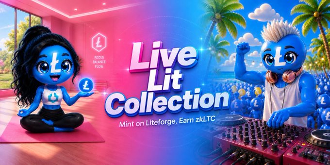 Vibrant promotional graphic for the "Live Lit Collection" NFT campaign, featuring a blue cartoon character meditating with an "L" symbol on the left and a blue-haired character DJing amid a cheering crowd on the right, with text reading "Mint on Liteforge, Earn zkLTC." The image aligns with the post by showcasing the energetic, lifestyle-themed NFT drop being advertised by @sweep_haus.