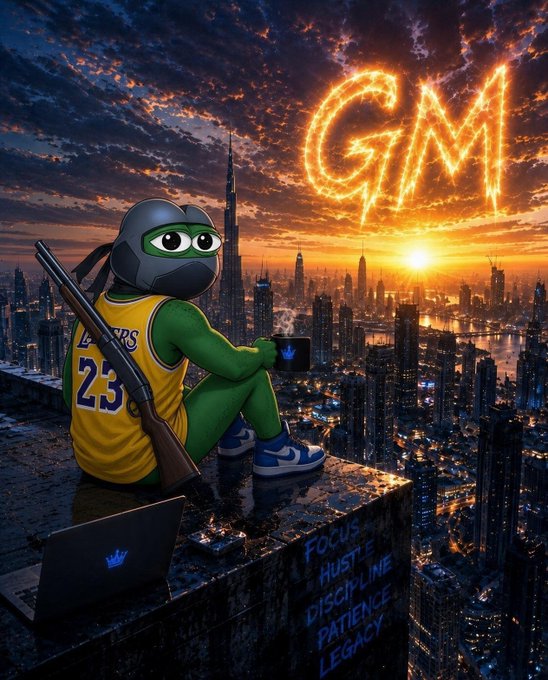A digital illustration of a green frog-like character wearing a Lakers #23 jersey, a helmet, and sneakers, sitting on a rooftop overlooking a city at sunset with 'GM' written in fire in the sky, and 'FOCUS HUSTLE DISCIPLINE PATIENCE LEGACY' written on the ledge.