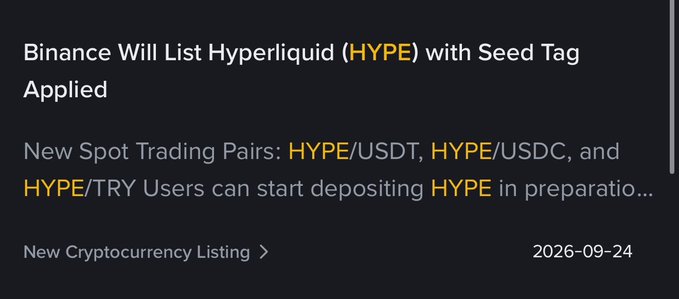 A Binance announcement card stating that Hyperliquid (HYPE) will be listed with a Seed Tag applied, introducing new spot trading pairs HYPE/USDT, HYPE/USDC, and HYPE/TRY, dated 2026-09-24. The post questions the timing of the listing.