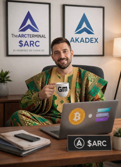 In this image, a man wearing traditional African clothing sits at a desk with an open laptop computer. He holds a coffee cup in his hand while smiling for the camera. The desk also has several books scattered around, suggesting that he might be studying or working on a project related to artificial intelligence and machine learning. The post about arc terminal seems to be promoting the idea of using AI tools effectively, which could be relevant to the man's interests or work in this context.