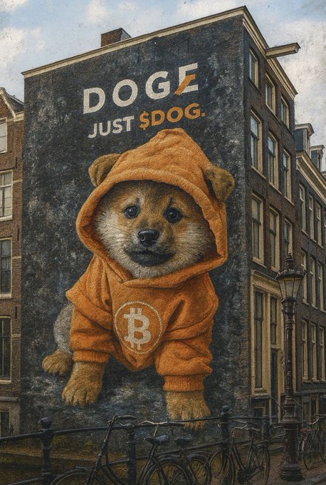 The image features a large, colorful mural of a dog wearing an orange hoodie with the letters "DOG" written above its head. The dog appears to be sitting or standing next to a building, possibly a brick one. The background includes a street scene and some bicycles parked nearby. In the bottom right corner of the image, there is a post that reads: "drop the E and join $DOG the cultural layer on Bitcoin. Hodl $DOG on $BTC and see your portfolio outperfom S&P500." This message seems to be related to Bitcoin or cryptocurrency, possibly referencing the dog's hoodie as an advertisement for Bitcoin.