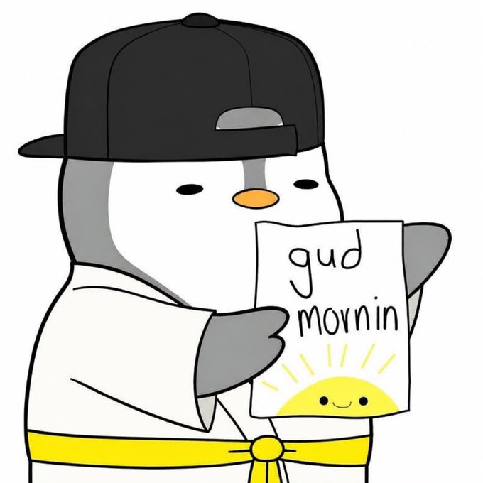 An illustration of a cute cartoon penguin wearing a backwards black cap and white outfit with a yellow belt, holding up a hand-drawn sign that reads "gud mornin" with a smiling sun.