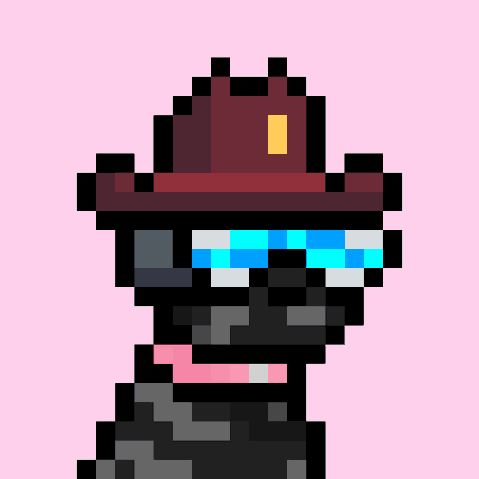 A pixel art character wearing a maroon wide-brim hat and futuristic visor against a pink background.