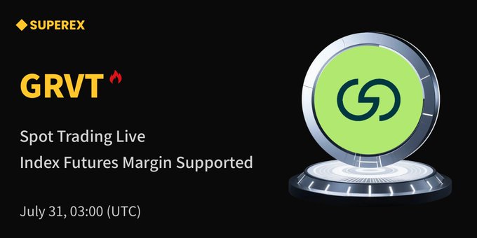 A promotional graphic from SuperEx announcing the listing of $GRVT (grvt_io) for Spot Trading with Index Futures Margin support, launching July 31 at 03:00 UTC, featuring the green GRVT coin logo on a futuristic display stand.