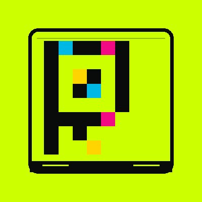 A pixelated green icon features a black design with colorful squares in cyan, pink, yellow, and blue on a lime green background.