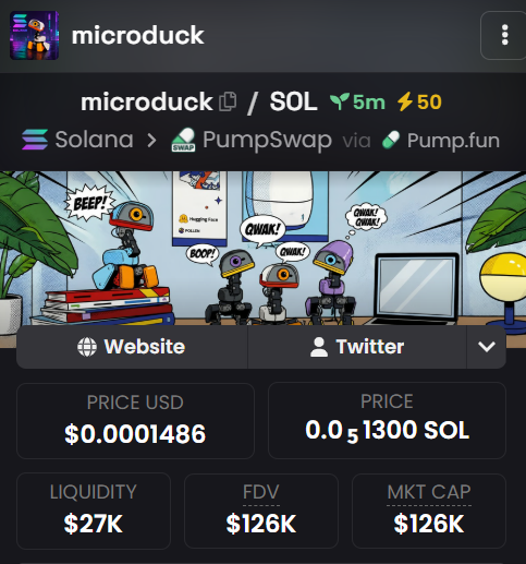 A screenshot of a crypto token profile page for 'microduck' on the Solana network via 'PumpSwap via Pump.fun', showing a price of '$0.0001486', liquidity of '$27K', and FDV of '$126K'.