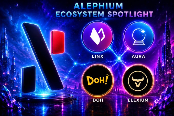 An 'ALEPHIUM ECOSYSTEM SPOTLIGHT' graphic showcases four project logos—LINX, AURA, DOH, and ELEXIUM—arranged around the central Alephium logo against a futuristic city backdrop.