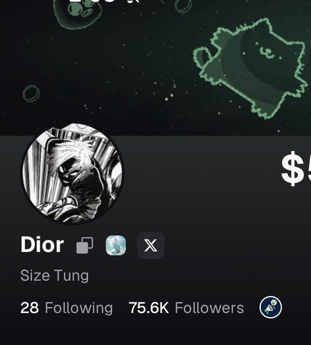 The image displays a social media profile (appearing to be from Pump.fun, based on the "$" symbol visible in the corner) for a user named "Dior" with the bio "Size Tung," featuring 75.6K followers and 28 following, which directly aligns with the accompanying post celebrating "75K ON THE PUMPFUN APP" as a follower milestone. The profile picture shows a stylized anime/manga-style character with light-colored hair, and the banner features a green cartoon character on a dark, starry background, giving the account a distinctive meme/crypto aesthetic typical of Pump.fun trading profiles.