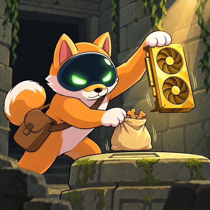 A digital illustration of a fox-like character with glowing green eyes lifting a gold graphics card from a sack in a stone ruin.