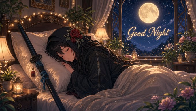 An anime-style illustration shows a dark-haired character in a hooded cloak sleeping on a bed, with a katana resting nearby and a moonlit night sky visible through the window, accompanied by the text 'Good Night'.