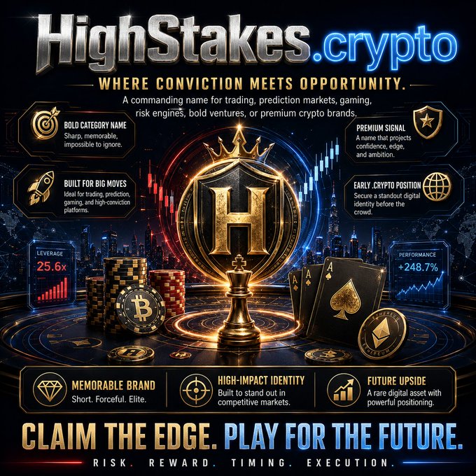 A promotional graphic for 'HighStakes.crypto' with the tagline 'WHERE CONVICTION MEETS OPPORTUNITY' and 'CLAIM THE EDGE. PLAY FOR THE FUTURE.', displaying stats like 'LEVERAGE 25.6x' and 'PERFORMANCE +248.7%'.