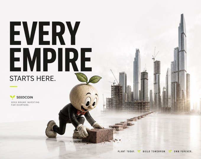 Advertisement for SEEDCOIN reading 'EVERY EMPIRE STARTS HERE. SEED ROUND INVESTING FOR EVERYONE. PLANT TODAY. BUILD TOMORROW. OWN FOREVER.' featuring an anthropomorphic seedling character laying bricks toward a city skyline.