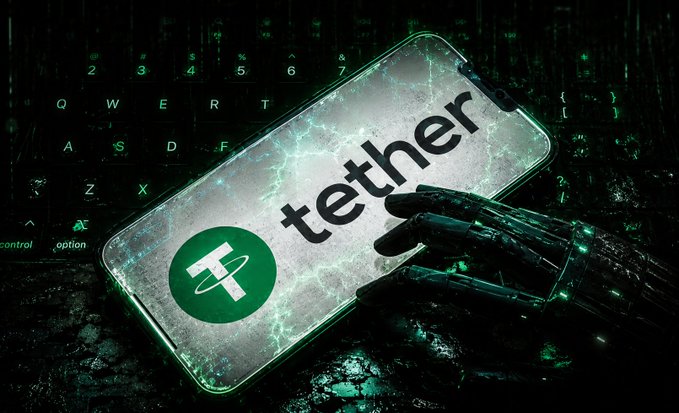 A stylized image showing a smartphone displaying the Tether (USDT) logo, with a robotic hand reaching toward it against a green Matrix-style digital background.