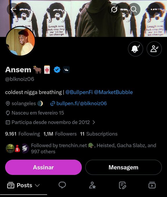 A Twitter profile for 'Ansem' (@blknoiz06) with 1.1M followers, showing a bio that reads 'coldest nigga breathing', and interface text in Portuguese including 'Assinar' and 'Mensagem'.