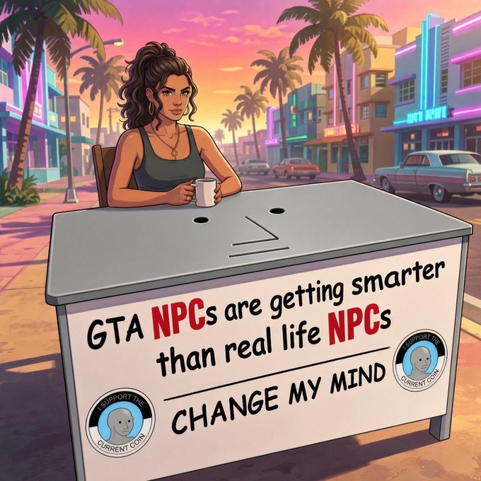 The image is a stylized "Change My Mind" meme graphic featuring a confident woman sitting at a table with a mug, set against a vibrant GTA-style cityscape at sunset. The table displays the text "GTA NPCs are getting smarter than real life NPCs — CHANGE MY MIND," with meme logos on either side and "NPCs" highlighted in red, tying directly into the post's hype around the $NPC token and its connection to the upcoming GTA 5 release.