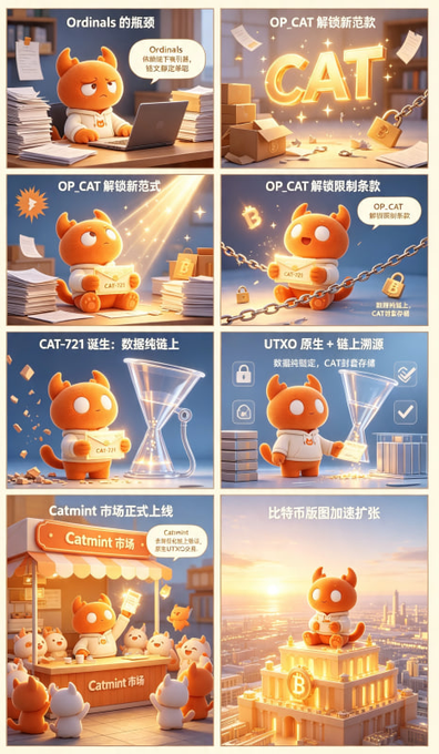 An 8-panel illustrated comic strip featuring an orange cat character explaining the 'OP_CAT' protocol and 'CAT-721' tokens, with Chinese text detailing the unlocking of Bitcoin's smart contract capabilities.