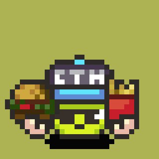 A pixel art character on an olive green background, holding a hamburger and a cup of fries, wearing a black shirt with 'SM' lettering.