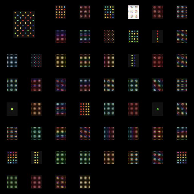A collection of colorful dot-matrix LED panel patterns displayed against a black background, showing various grid arrangements in different colors.