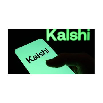 A glowing green smartphone displaying the "Kalshi" logo is held against a dark background, with the word "Kalshi" shown in large green letters.