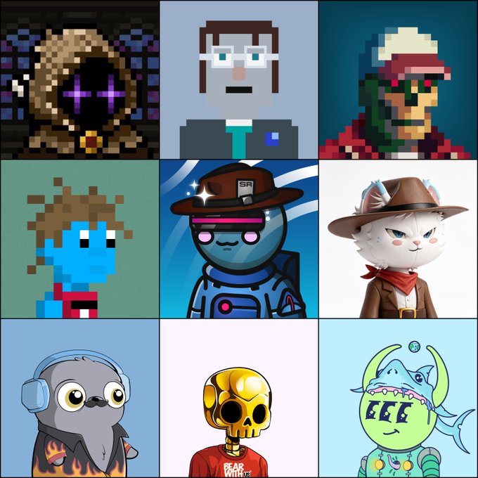 A 3x3 grid of pixel art and cartoon character portraits including a hooded figure, a man with glasses, a red-hatted character, a blue face with brown hair, a glowing pink-eyed astronaut with "SR" on its hat, a white cat in a cowboy hat, a bird with headphones, a skull-headed figure wearing a shirt reading "BEAR WHALLET," and a green shark-like alien. The diverse collection of stylized NFT-style avatars fits the post's casual appreciation of jpegs.