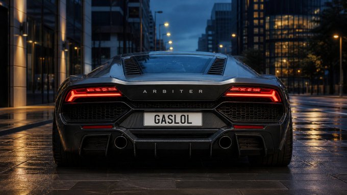 A rear view of a sleek gray sports car with license plate "GASLOL" and "ARBITER" badging, parked on a wet city street at night with illuminated buildings in the background.