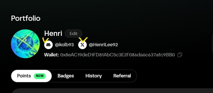 A digital portfolio screen for 'Henri' displays the username '@kolb93', a Twitter/X handle '@HenriLee92' (circled in yellow), a wallet address starting with '0x8eAC19', and navigation tabs for Points, Badges, History, and Referral.