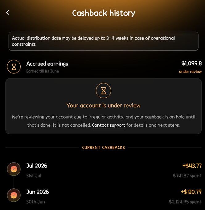A 'Cashback history' screen showing accrued earnings of $1,099.8 under review, with a note that the account is under review due to irregular activity, and current cashbacks listed for Jul and Jun 2026.