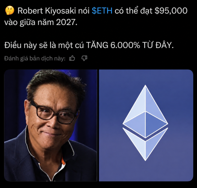The image shows a social media post in Vietnamese featuring Robert Kiyosaki alongside the Ethereum (ETH) logo, with text claiming Kiyosaki predicted $ETH could reach $95,000 by mid-2027—a 6,000% increase. The caption contextualizes this as an unrealistic, overly optimistic price prediction that contradicts the seller's habit of repeatedly cashing out ETH, suggesting such lofty targets would require far more market cycles to achieve.