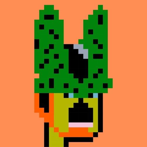 A pixel art image shows a green, cactus-like or masked character with horn-like protrusions and small blue eyes set against an orange background. While the post discusses the scarcity of only 1,000 $Zaibatsu NFTs and their all-time high performance, the image itself doesn't visually reference cryptocurrency or NFT data, serving instead as stylized artwork that may represent a character from the project's collection.