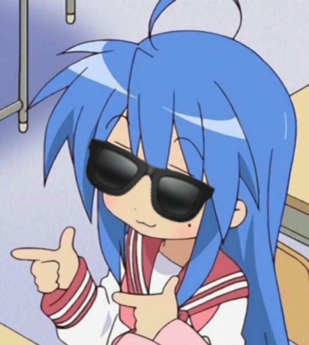An anime-style illustration of a blue-haired character wearing sunglasses and a school uniform, pointing with a smug expression.