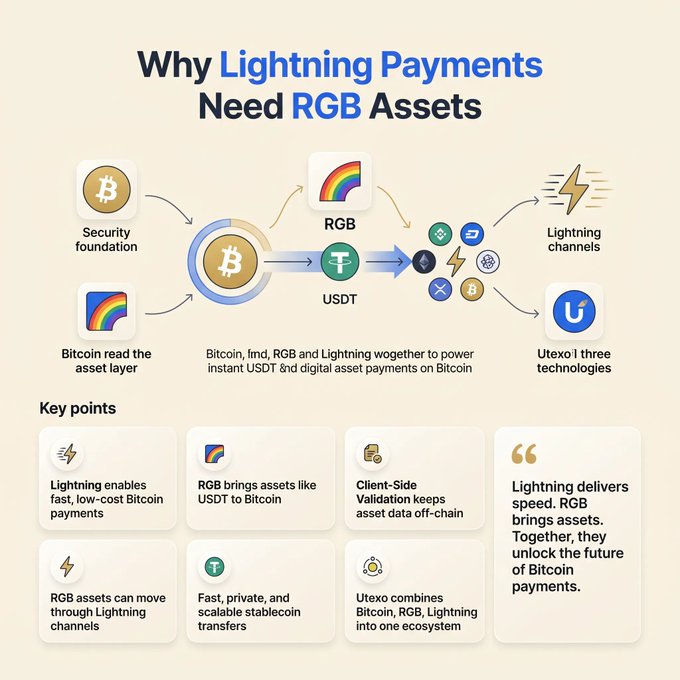An infographic titled "Why Lightning Payments Need RGB Assets" illustrates how Bitcoin, RGB, and Lightning technologies combine to enable instant USDT and digital asset payments on Bitcoin, with key points highlighting that Lightning delivers speed and low-cost payments, RGB brings assets like USDT onto Bitcoin, client-side validation keeps data off-chain, and Utexo unites all three technologies into a single ecosystem.