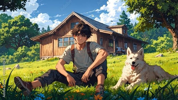 An anime-style illustration of a young man with a backpack sitting in a grassy field beside a white dog, with a wooden house and forest in the background.