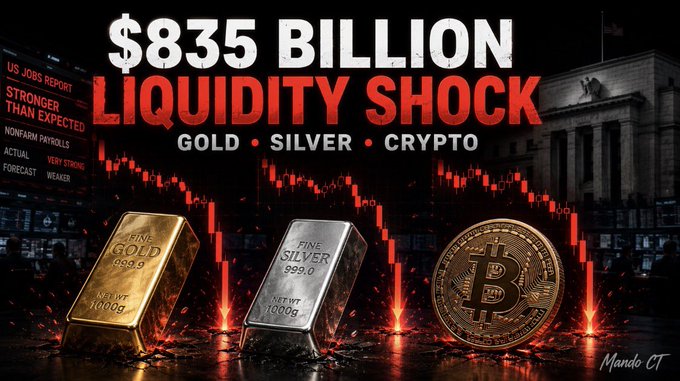 A bold thumbnail reads "$835 BILLION LIQUIDITY SHOCK" above the words "GOLD • SILVER • CRYPTO," featuring a gold bar, a silver bar, and a Bitcoin coin in front of a plunging red candlestick chart and a US jobs report labeled "STRONGER THAN EXPECTED," visually representing the post's claim that a single hot labor print erased hundreds of billions from hard assets in minutes by reducing Fed rate-cut expectations.