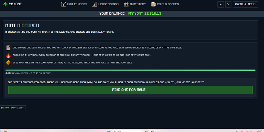 The image shows the "MINT A BROKER" interface of the PAYDAY game, displaying a balance of $PAYDAY 22,818.13 and explaining that all 4,444 brokers have been minted, with a green "FIND ONE FOR SALE" button prompting users to purchase from existing holders. This relates to the post by confirming that the minting process has concluded, as the supply bar is full, and directs users to the secondary market to buy a broker at the new floor price of 1.2U (up from the 0.35 mint cost).